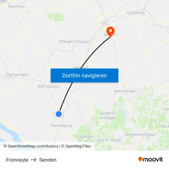 Fronreute to Senden map