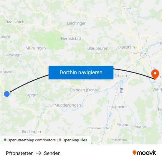 Pfronstetten to Senden map