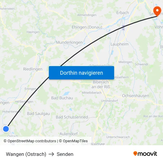 Wangen (Ostrach) to Senden map
