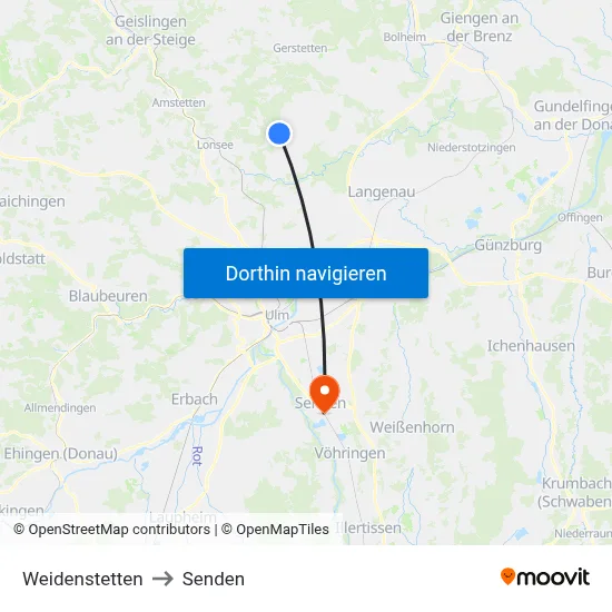 Weidenstetten to Senden map
