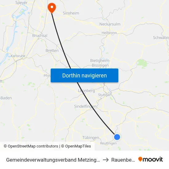 Gemeindeverwaltungsverband Metzingen to Rauenberg map