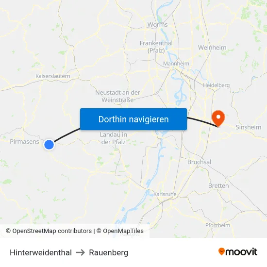 Hinterweidenthal to Rauenberg map