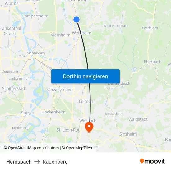Hemsbach to Rauenberg map