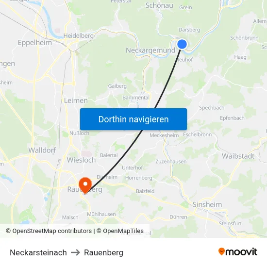 Neckarsteinach to Rauenberg map