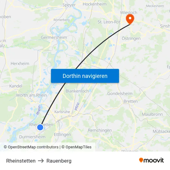 Rheinstetten to Rauenberg map