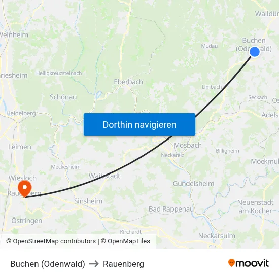 Buchen (Odenwald) to Rauenberg map