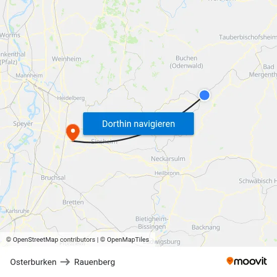 Osterburken to Rauenberg map