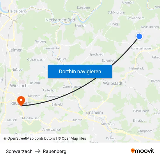 Schwarzach to Rauenberg map