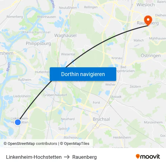 Linkenheim-Hochstetten to Rauenberg map