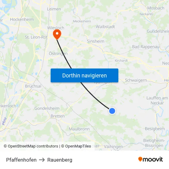 Pfaffenhofen to Rauenberg map