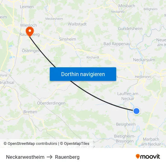 Neckarwestheim to Rauenberg map