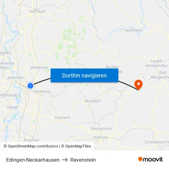 Edingen-Neckarhausen to Ravenstein map