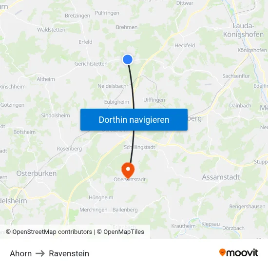 Ahorn to Ravenstein map