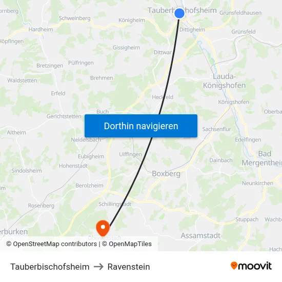 Tauberbischofsheim to Ravenstein map