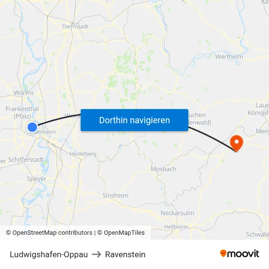 Ludwigshafen-Oppau to Ravenstein map