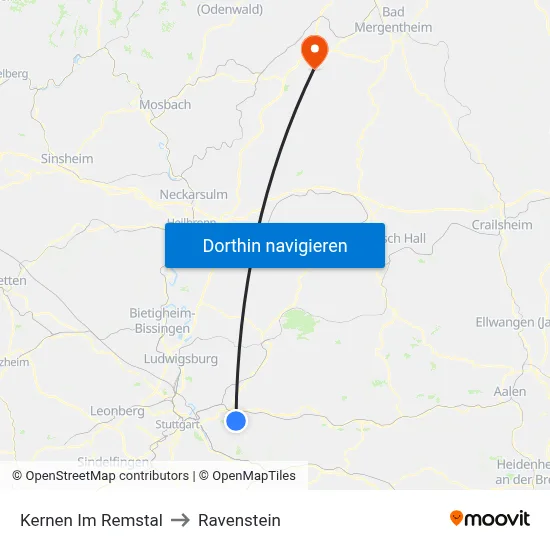 Kernen Im Remstal to Ravenstein map