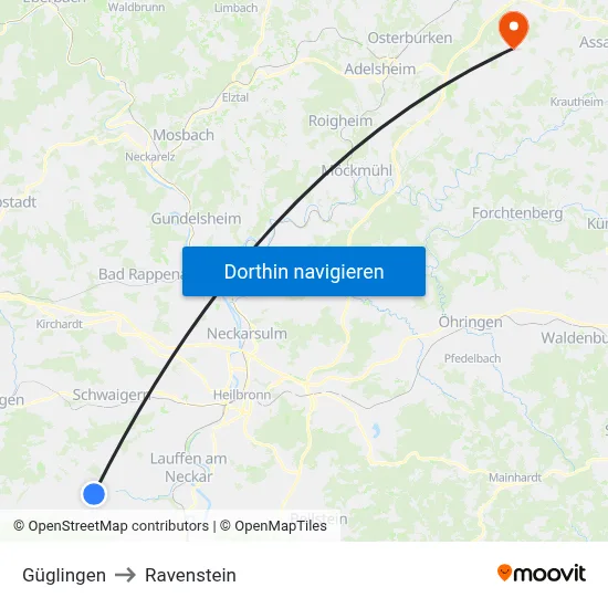 Güglingen to Ravenstein map