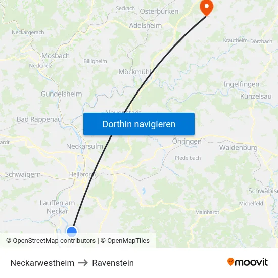 Neckarwestheim to Ravenstein map