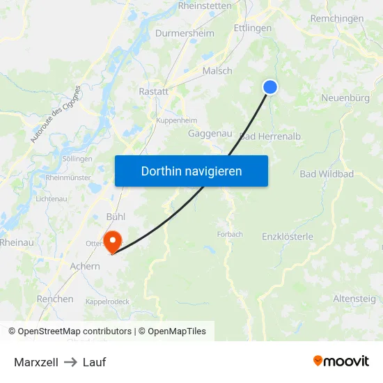 Marxzell to Lauf map