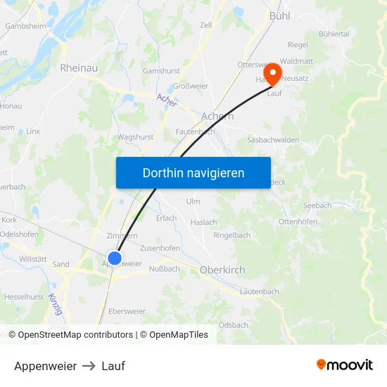 Appenweier to Lauf map