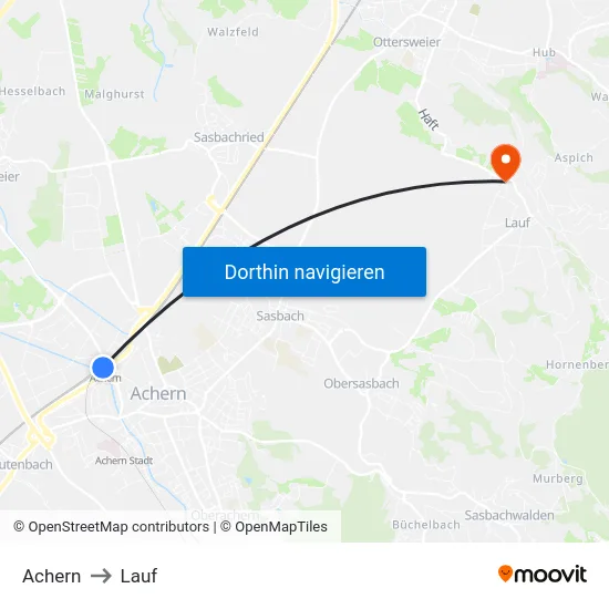 Achern to Lauf map