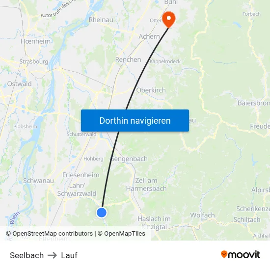 Seelbach to Lauf map
