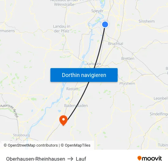 Oberhausen-Rheinhausen to Lauf map