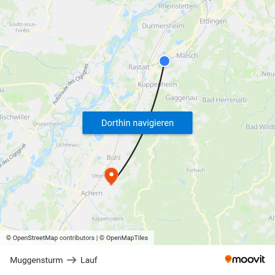 Muggensturm to Lauf map