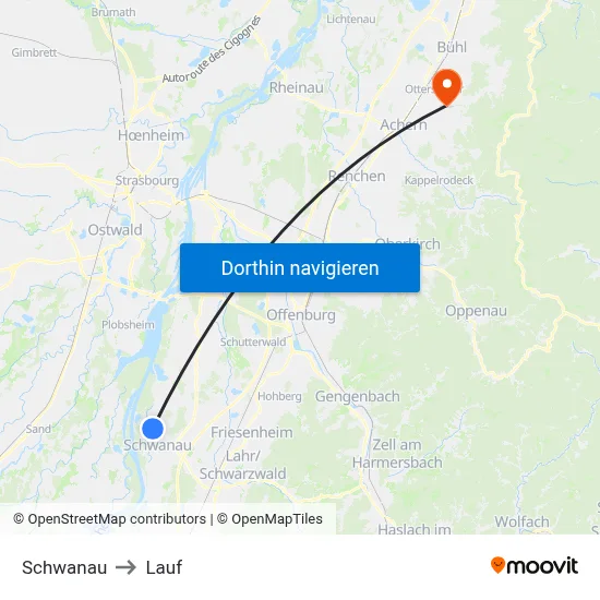 Schwanau to Lauf map