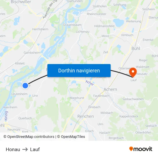 Honau to Lauf map