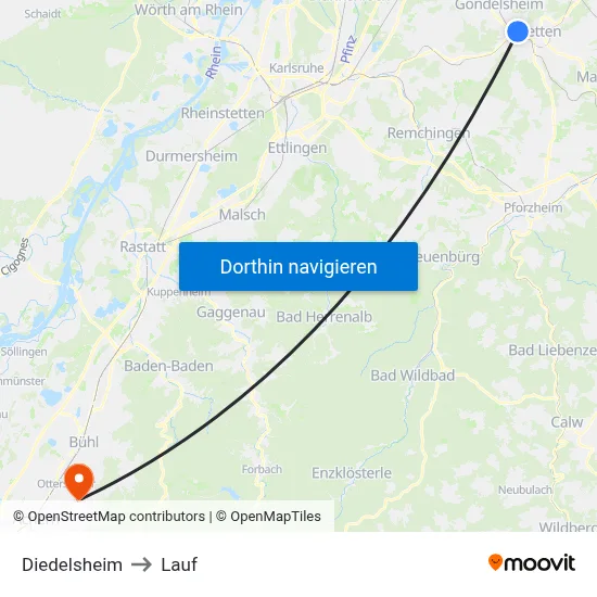 Diedelsheim to Lauf map