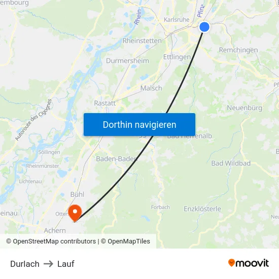 Durlach to Lauf map