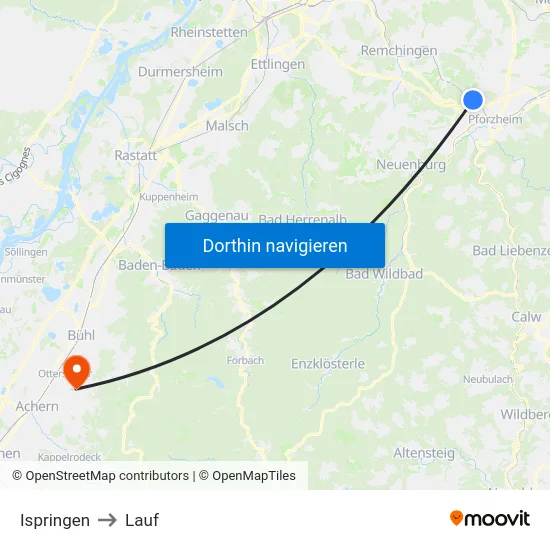 Ispringen to Lauf map