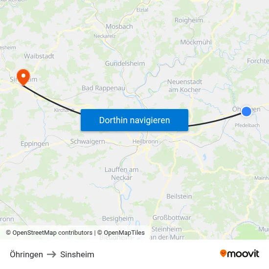 Öhringen to Sinsheim map