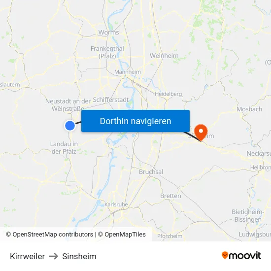 Kirrweiler to Sinsheim map