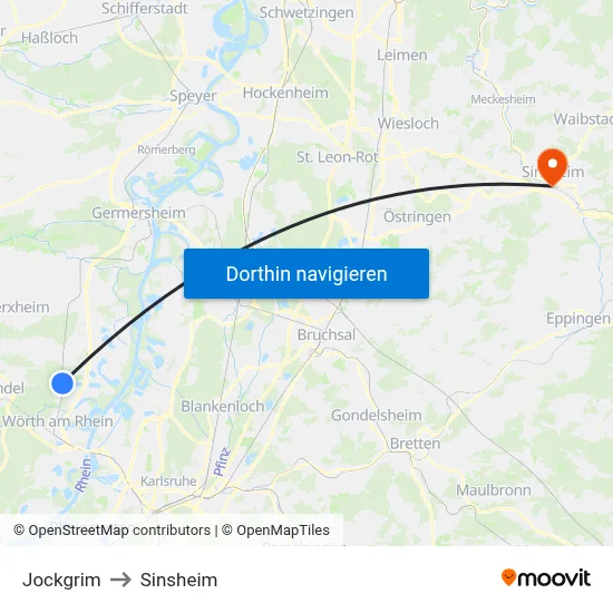 Jockgrim to Sinsheim map