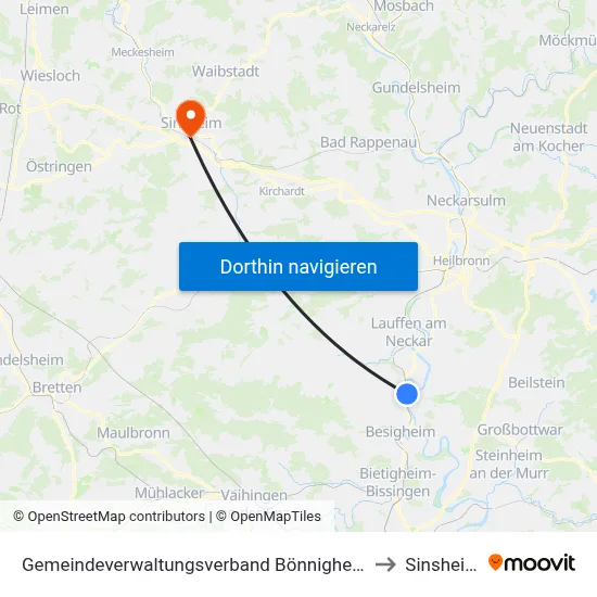 Gemeindeverwaltungsverband Bönnigheim to Sinsheim map