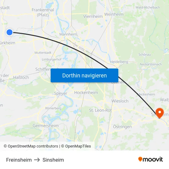 Freinsheim to Sinsheim map