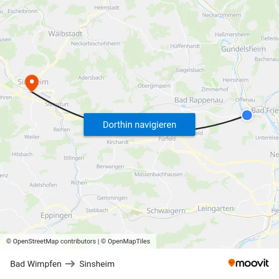 Bad Wimpfen to Sinsheim map