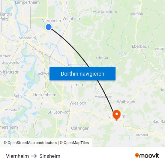 Viernheim to Sinsheim map