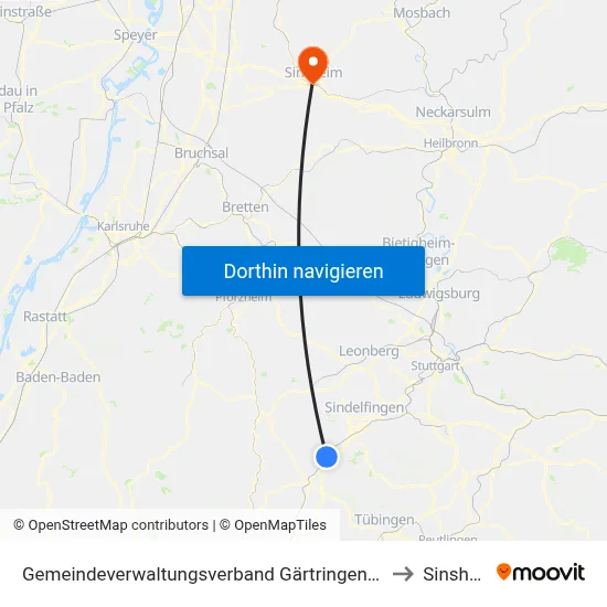 Gemeindeverwaltungsverband Gärtringen/Ehningen to Sinsheim map