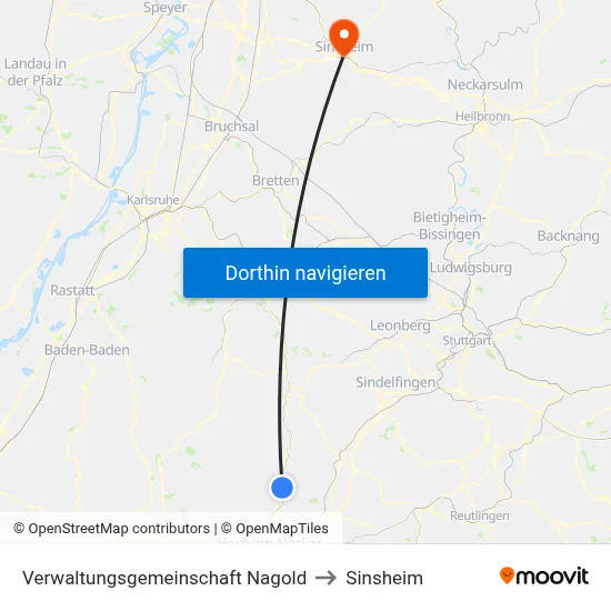 Verwaltungsgemeinschaft Nagold to Sinsheim map