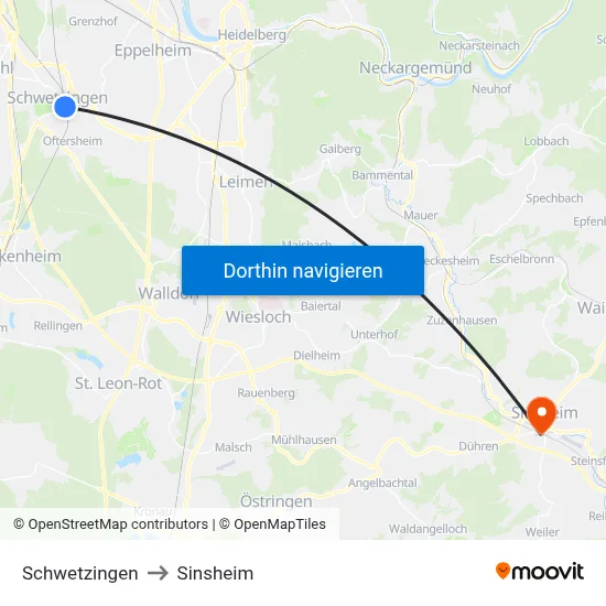Schwetzingen to Sinsheim map