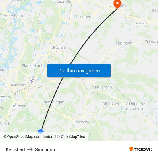 Karlsbad to Sinsheim map