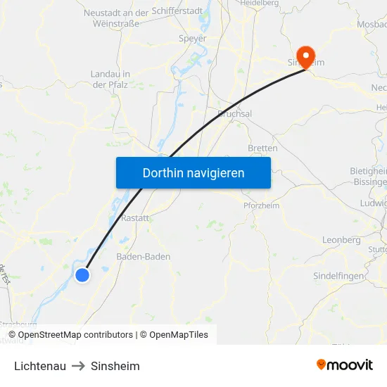 Lichtenau to Sinsheim map