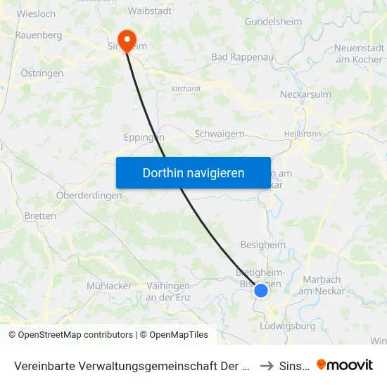 Vereinbarte Verwaltungsgemeinschaft Der Stadt Bietigheim-Bissingen to Sinsheim map