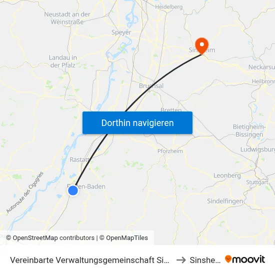 Vereinbarte Verwaltungsgemeinschaft Sinzheim to Sinsheim map