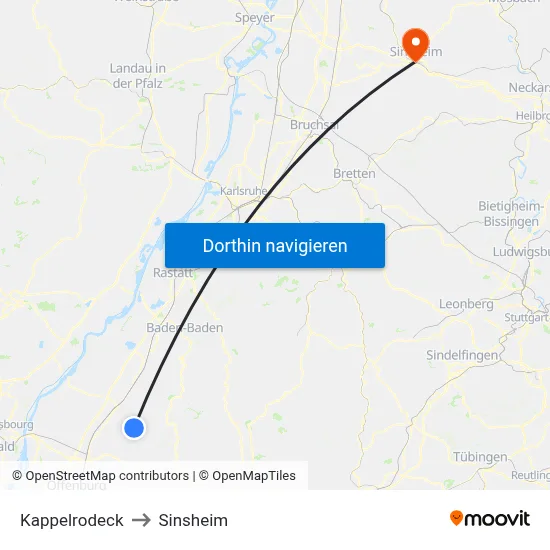 Kappelrodeck to Sinsheim map