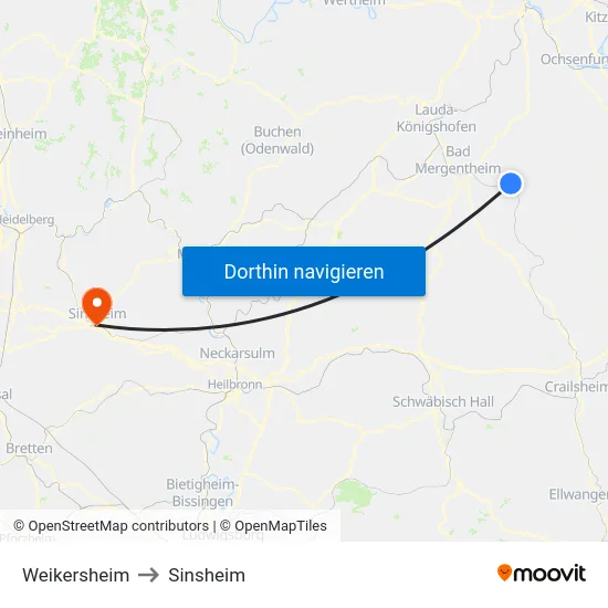 Weikersheim to Sinsheim map