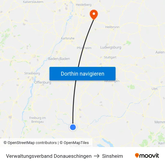 Verwaltungsverband Donaueschingen to Sinsheim map
